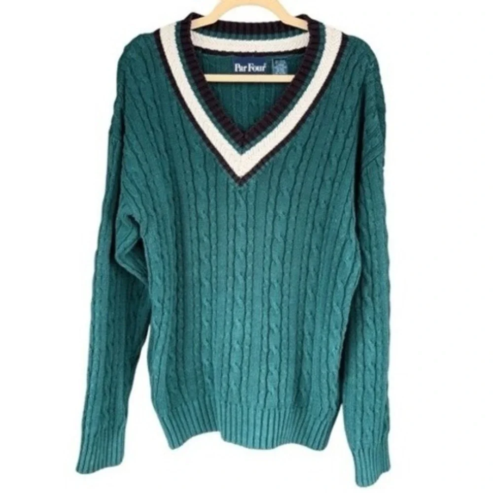 VTG‎ Par Four Cable Knit Cricket Sweater Vest Teal Trim Ramie Cotton